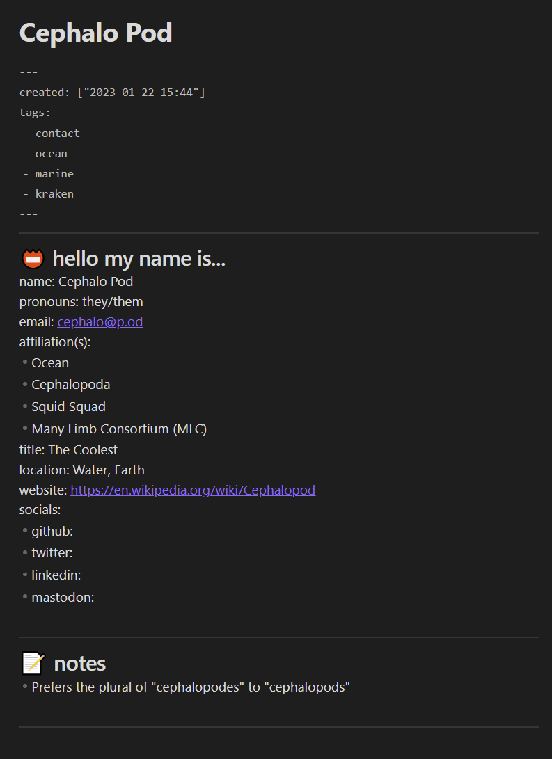 Screenshot of a rendered contact for someone named Cephalo Pod