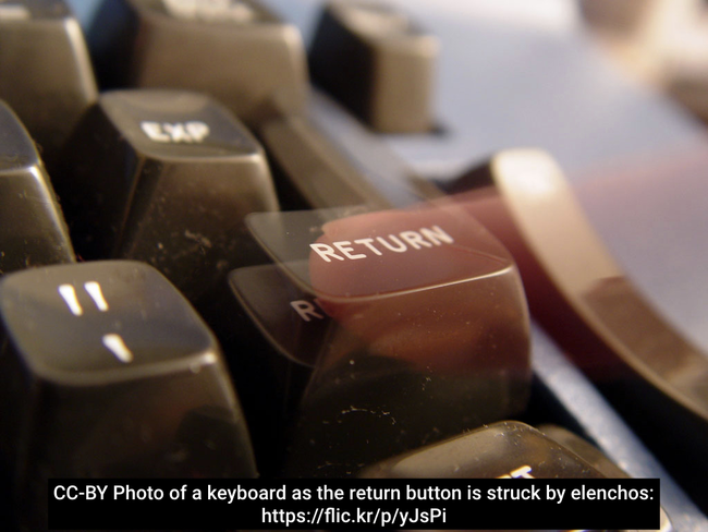 A double-exposure photo of a keyboard as the return button is struck